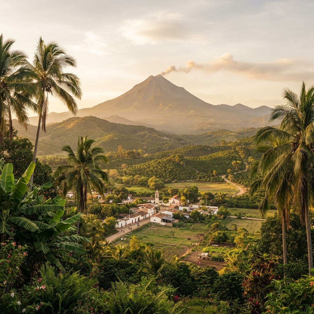 Volcán de Fuego de Colima al atardecer con palmeras y la costa del Pacífico al fondo
