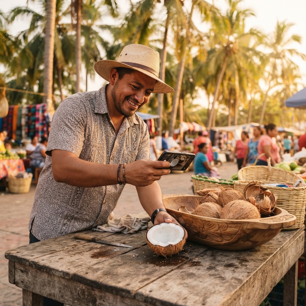 Productor colimense fotografiando un coco y una batea tallada con su teléfono
