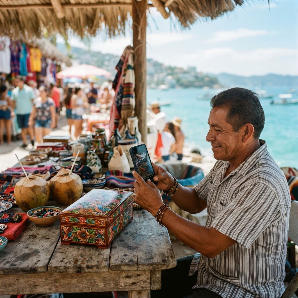Vendedor acapulqueño fotografiando una caja laqueada y un coco con su teléfono en un mercado de la costa