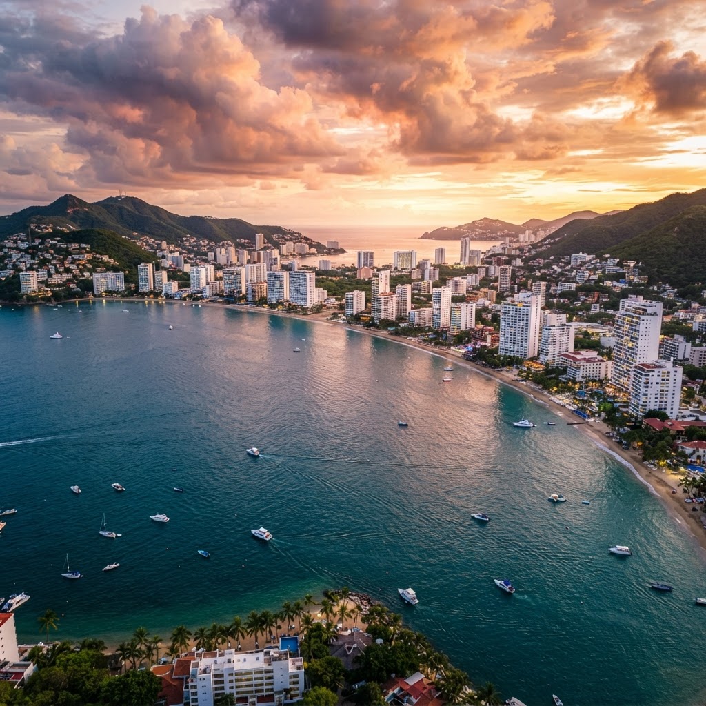 Vista aérea de la bahía de Acapulco al atardecer, con la Costera, los hoteles frente al mar y las palmeras