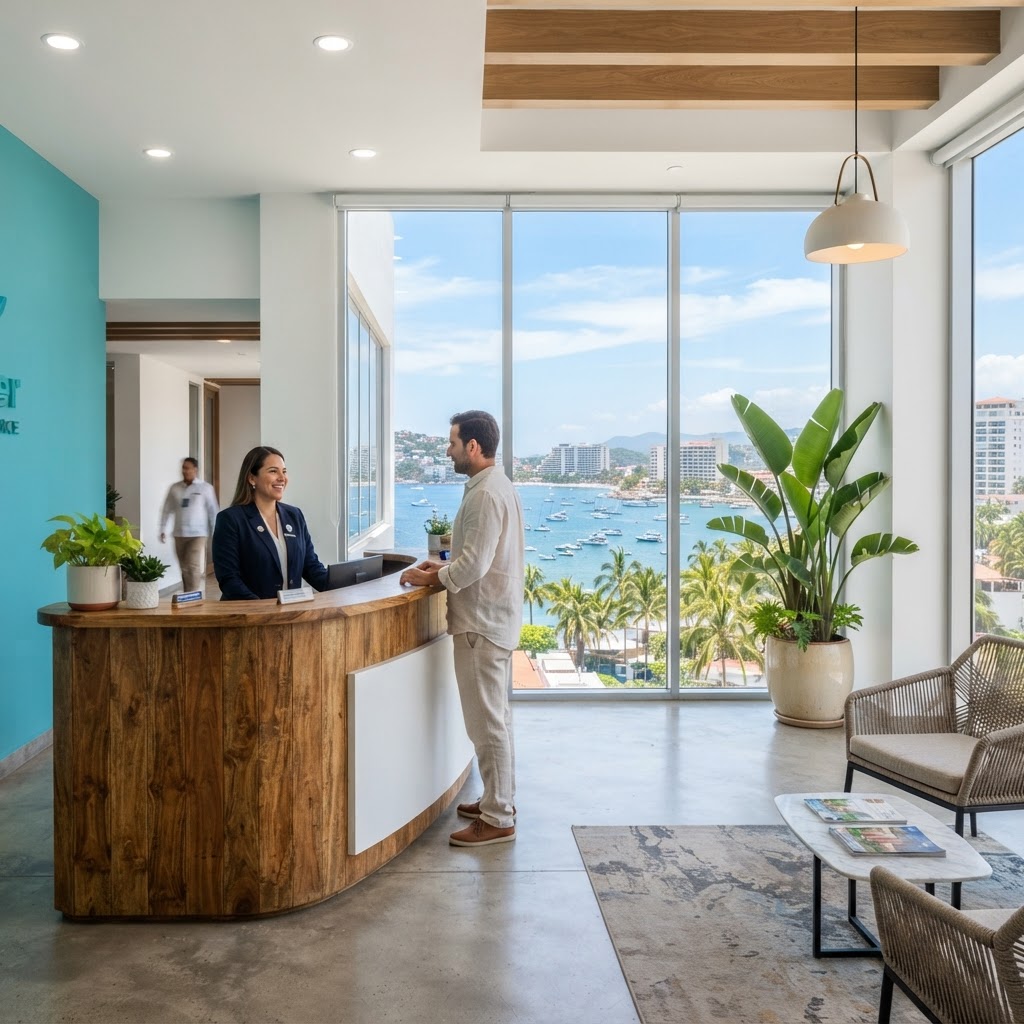 Recepción de las oficinas de ACAPULCO CANACO SERVYTUR con vista a las palmeras y la bahía