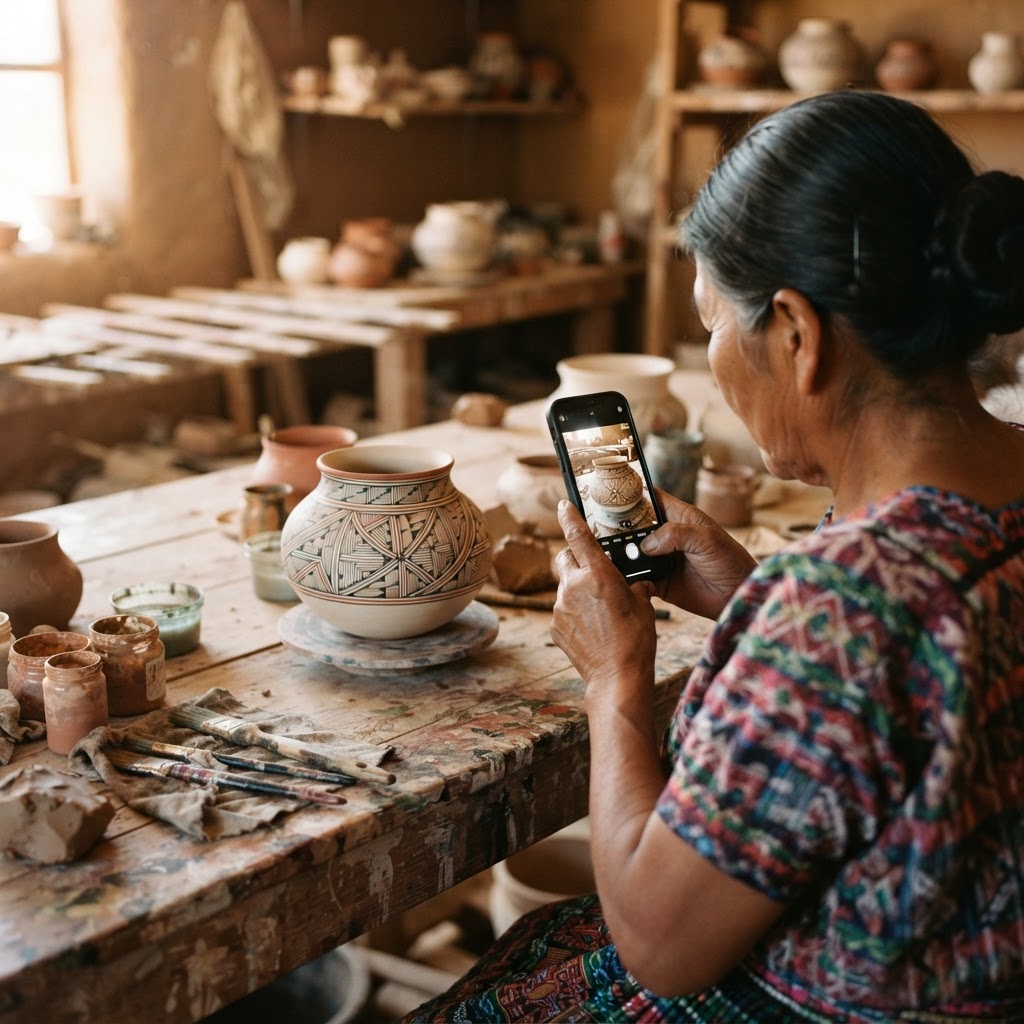 Artesana rarámuri fotografiando una olla de barro de Mata Ortiz con su teléfono