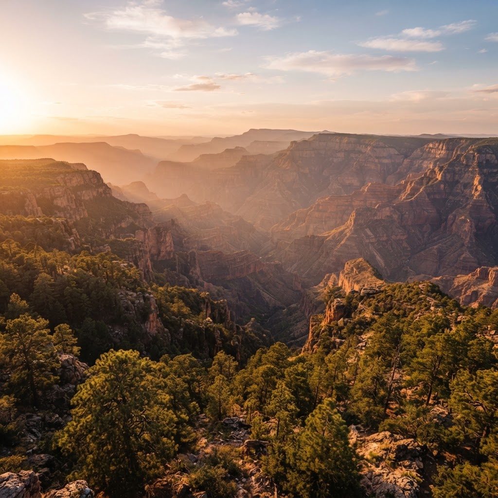 Vista de las Barrancas del Cobre en Chihuahua al amanecer, con la Sierra Tarahumara al fondo
