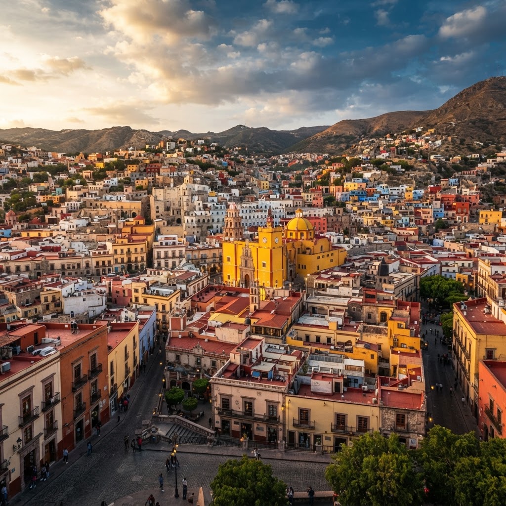 Casas coloridas y cúpulas de la ciudad de Guanajuato al atardecer