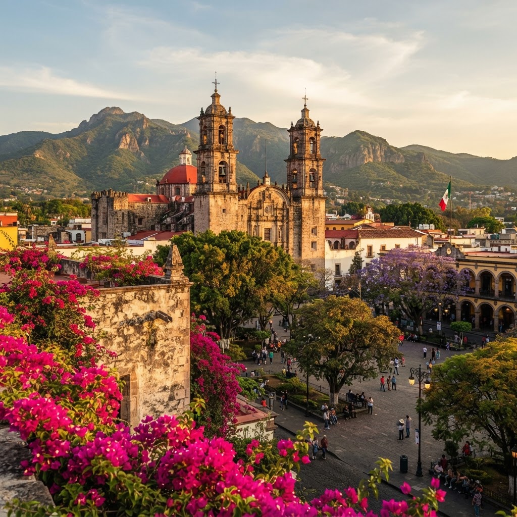 Vista de la Catedral y el Zócalo de Cuernavaca, Morelos, al atardecer