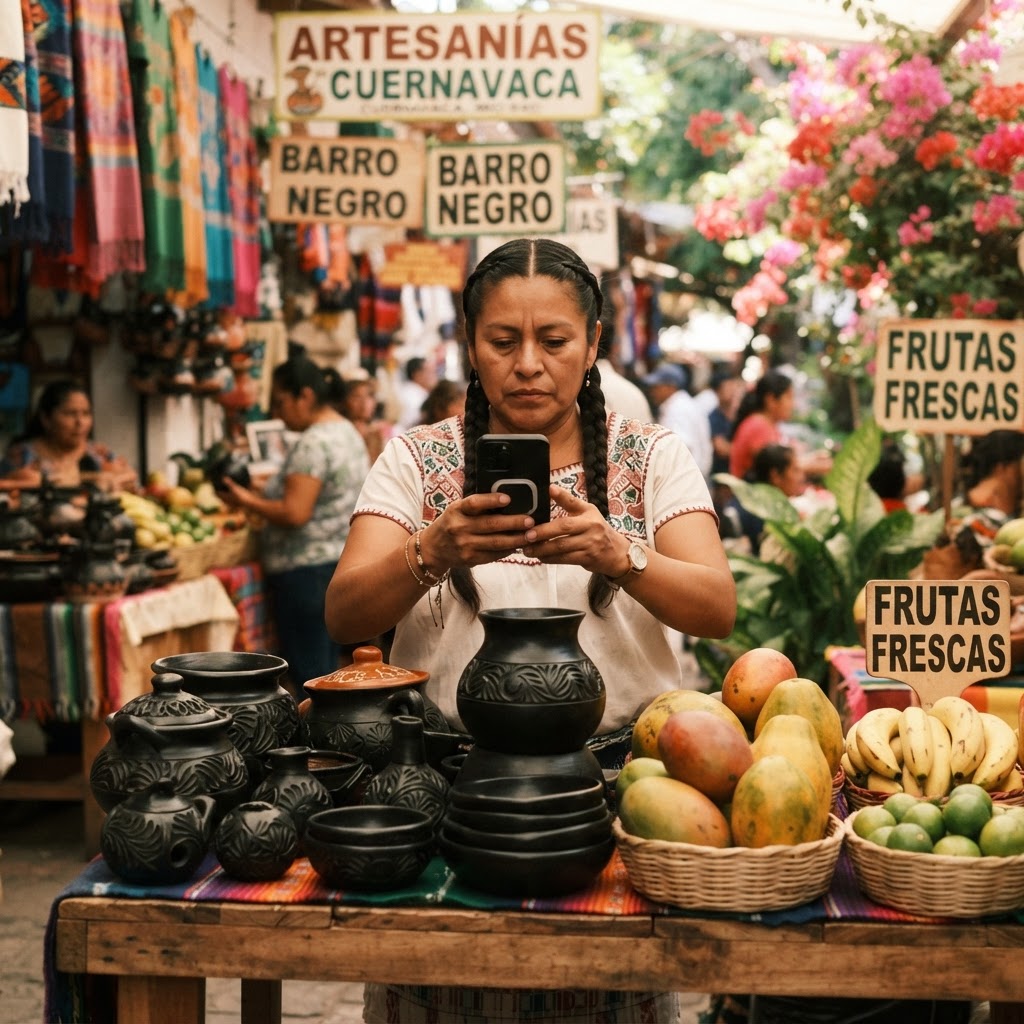Comerciante de Cuernavaca fotografiando sus productos con su teléfono