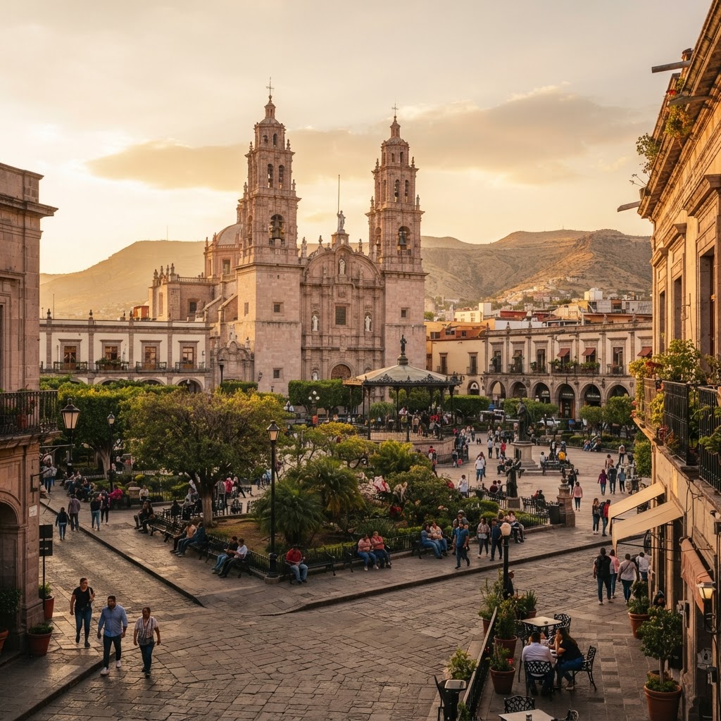 Catedral de cantera rosa y Plaza de Armas de San Luis Potosí al atardecer