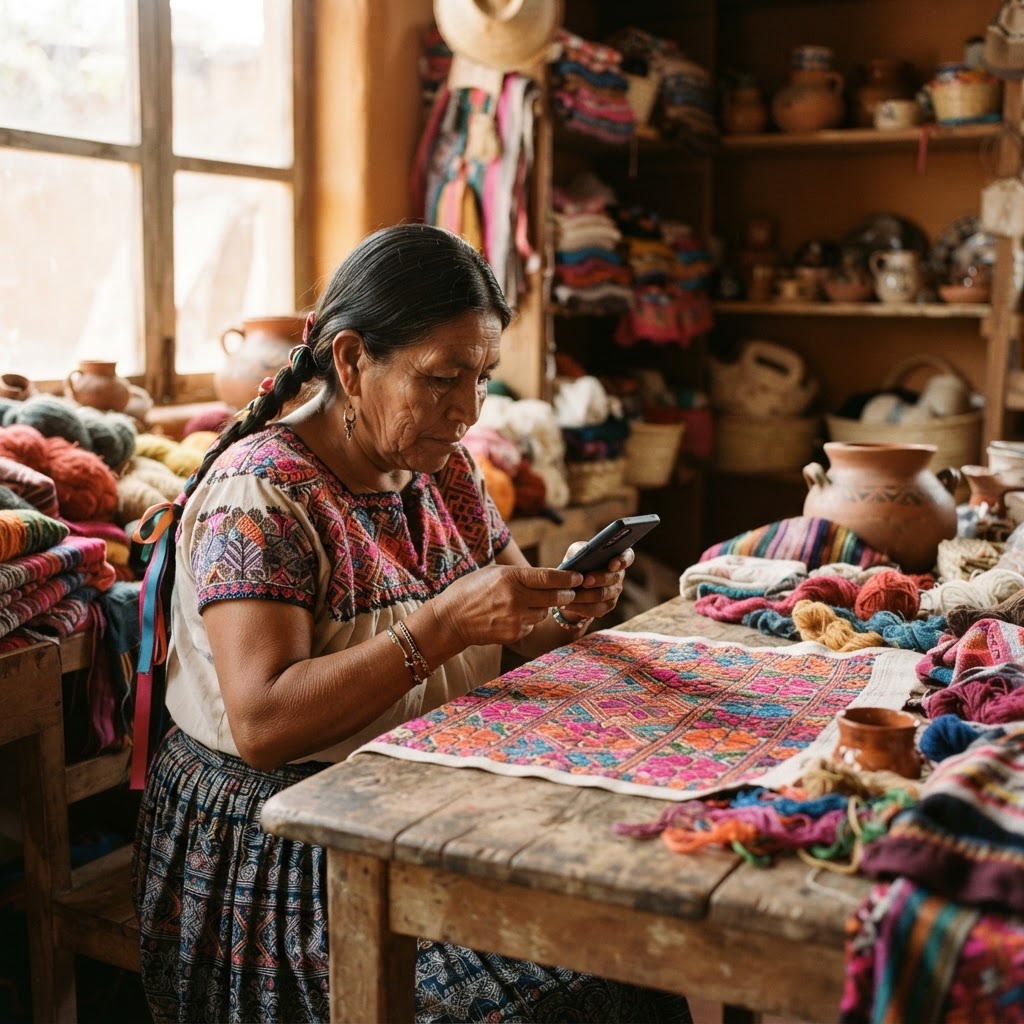 Artesano potosino fotografiando un textil bordado de la Huasteca con su teléfono