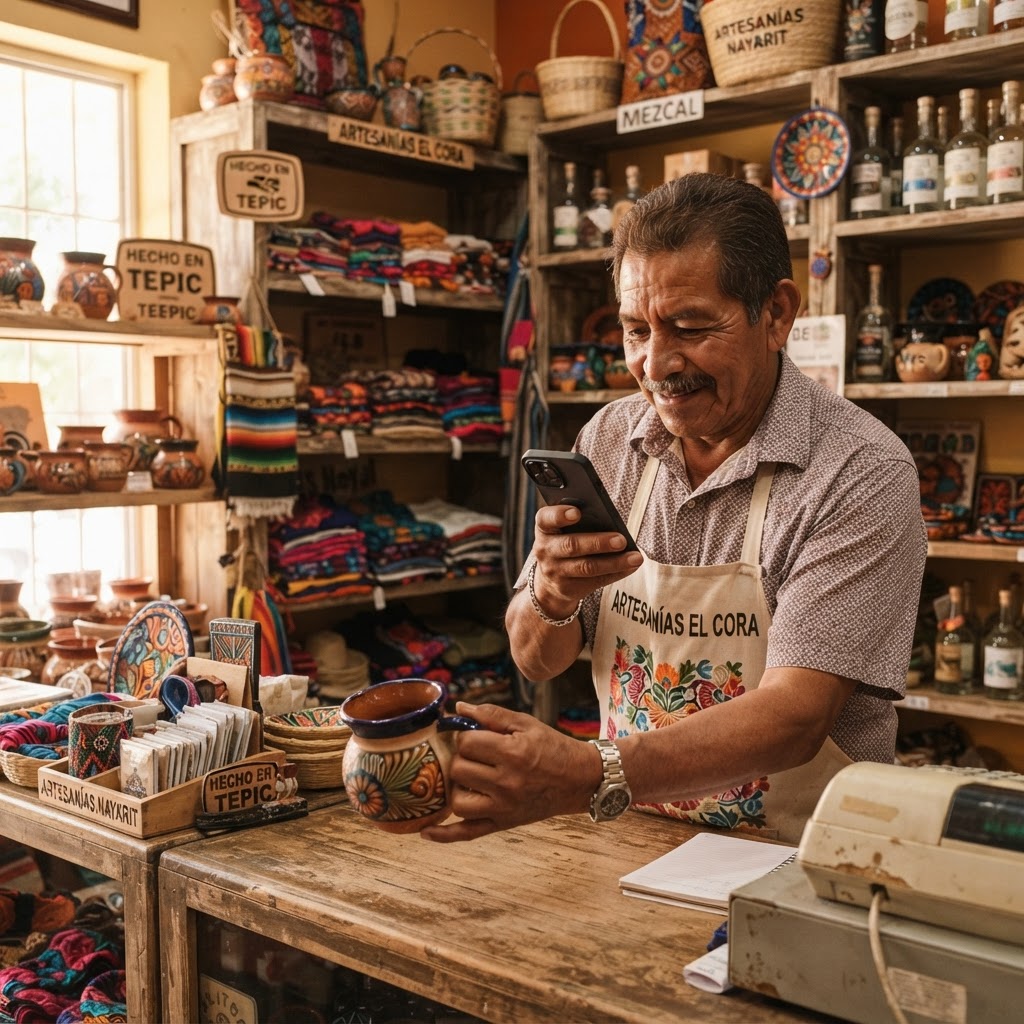 Comerciante de Tepic fotografiando sus productos con su teléfono