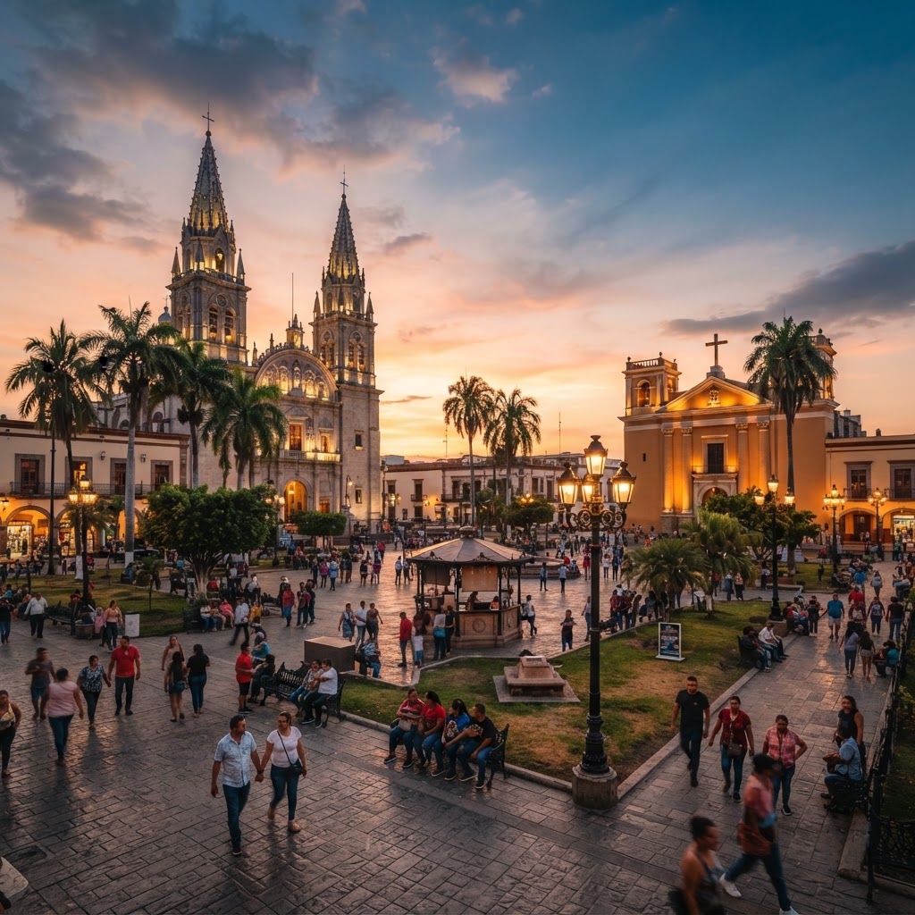 Plaza Principal y Catedral de Tepic, Nayarit, al atardecer