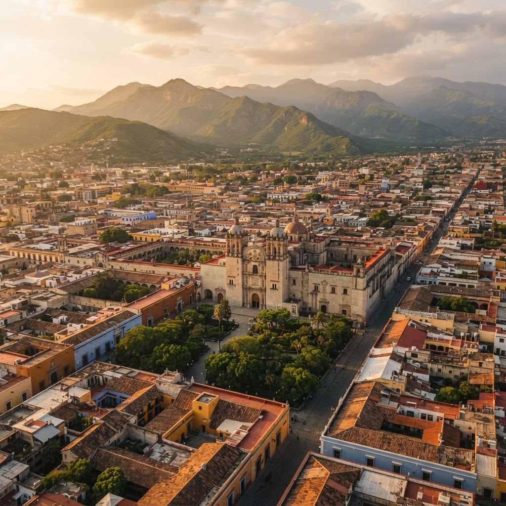 Vista aérea del Centro Histórico de Oaxaca de Juárez y la iglesia de Santo Domingo al atardecer