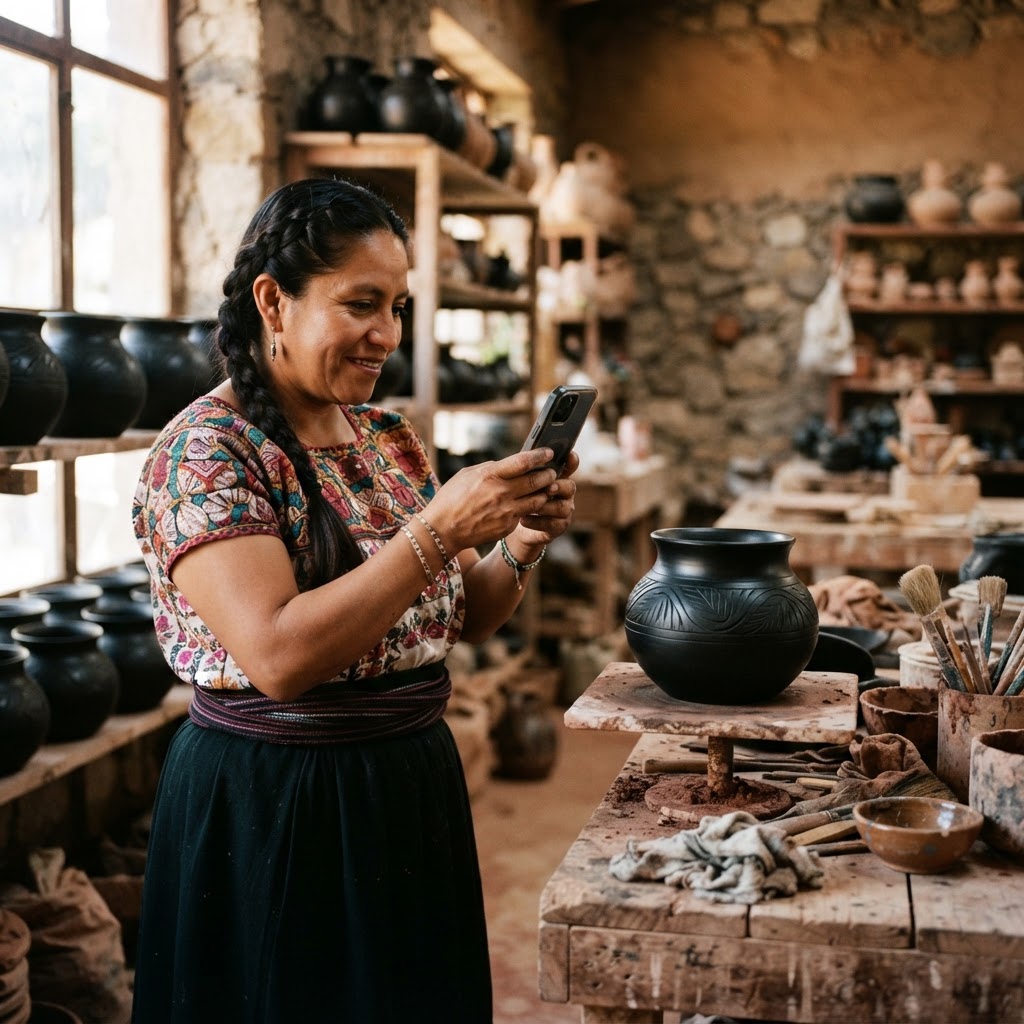 Artesana de San Bartolo Coyotepec fotografiando su olla de barro negro con el teléfono