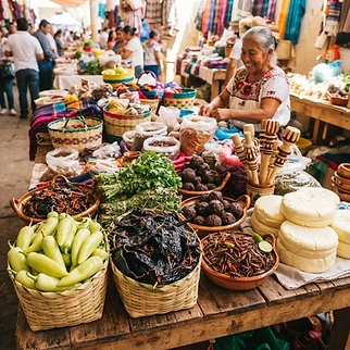 Despensa del mercado: chiles, quesillo y chocolate