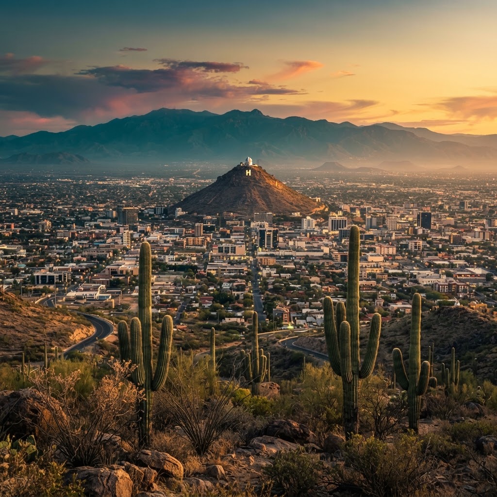 Desierto sonorense con saguaros al amanecer y la ciudad de Hermosillo al fondo