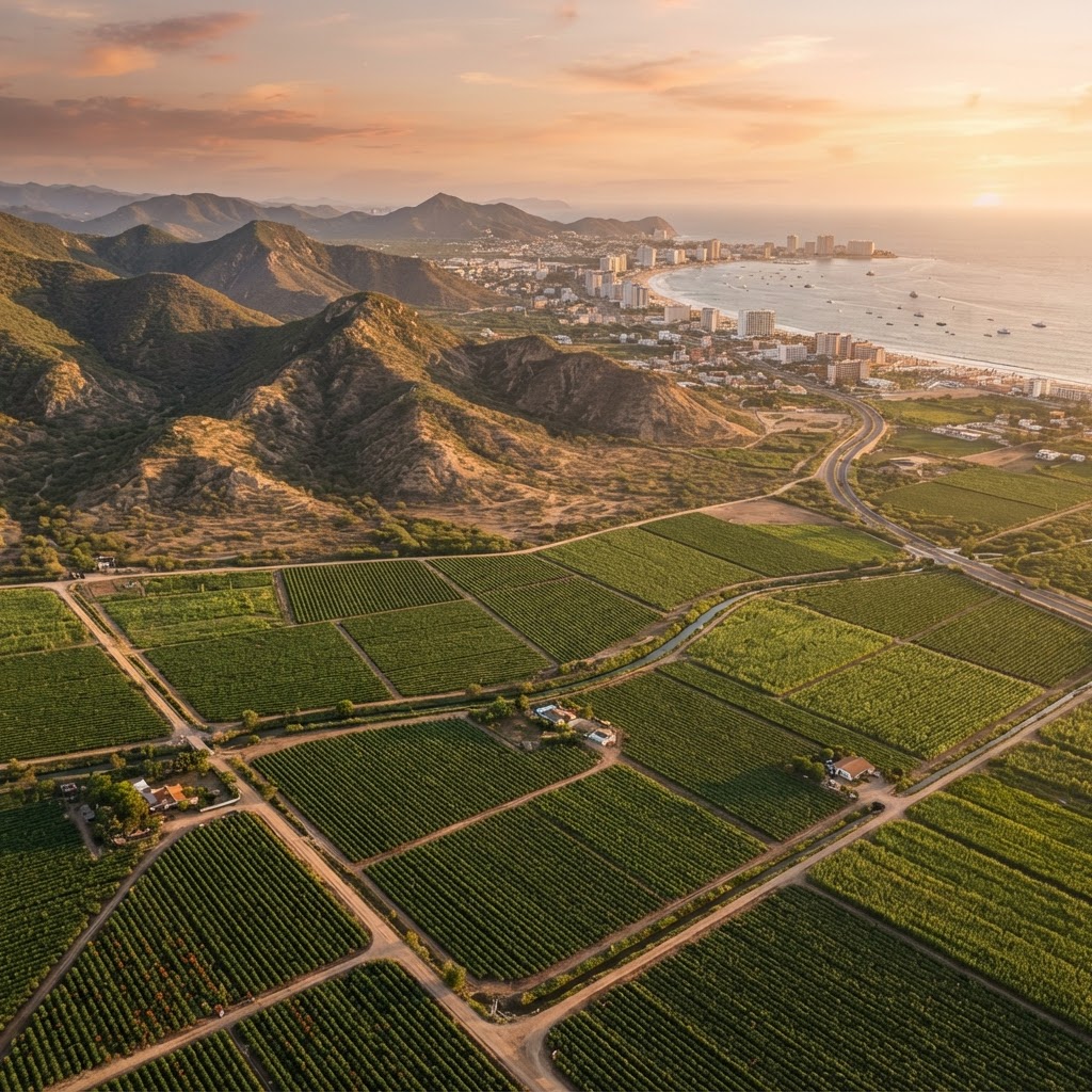 Valle agrícola de Sinaloa y la costa del Pacífico al atardecer