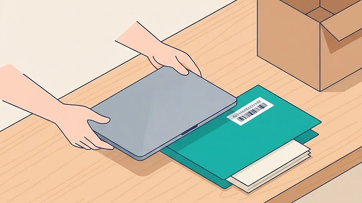 Übergabe eines gebrauchten Laptops mit Dokumentenmappe und Seriennummer-Etikett