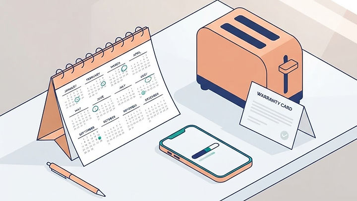 Kalender mit markierten Daten, Smartphone mit Fortschrittsbalken und Haushaltsgerät auf einem Schreibtisch