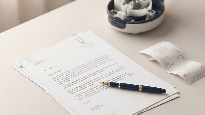 Gedruckter Brief mit Füllfederhalter neben einem defekten Gerät und einem Beleg