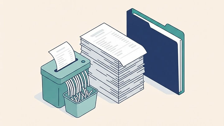 Alte Kassenbons, ein Aktenvernichter mit Papierstreifen und ein Ordner mit sauberen Dokumenten
