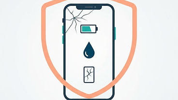 Smartphone mit Riss im Display, Akku-Symbol und Wassertropfen unter Schutzschild