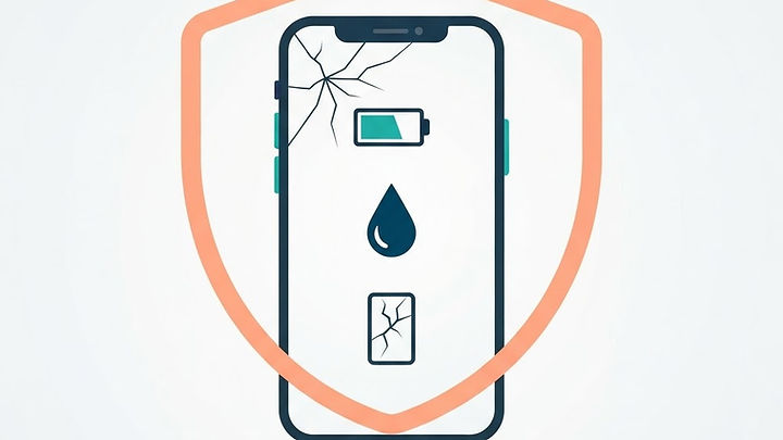 Smartphone mit Riss im Display, Akku-Symbol und Wassertropfen unter Schutzschild