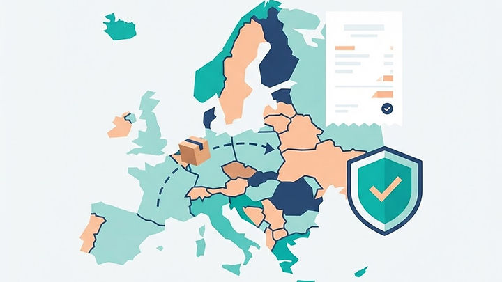 Vereinfachte Europakarte mit einem Paket auf dem Weg über eine Landesgrenze