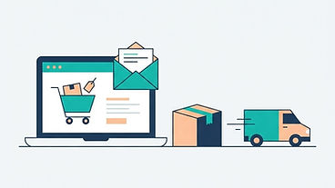 Laptop mit Warenkorb und Bestellbestätigung, daneben ein Paket