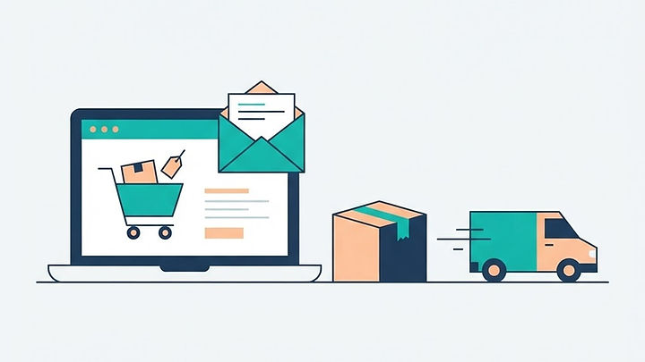 Laptop mit Warenkorb und Bestellbestätigung, daneben ein Paket