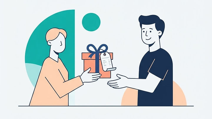 Geschenkbox mit beigefügter Quittung wird an eine andere Person übergeben