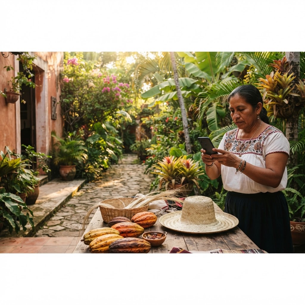 Artesano tabasqueño fotografiando un sombrero tejido de palma con su teléfono