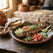 Pejelagarto asado en hoja de plátano