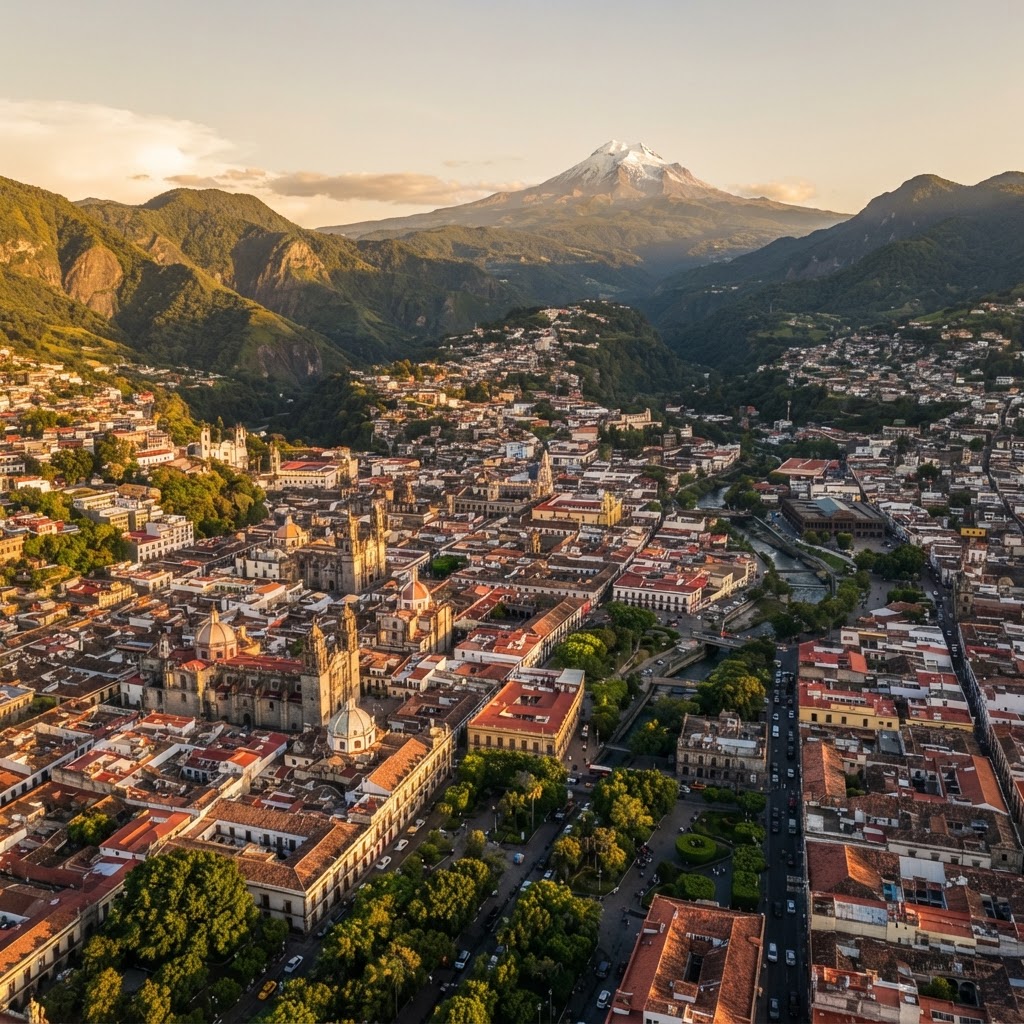 Vista aérea al atardecer de Orizaba, Veracruz, con el Pico de Orizaba al fondo