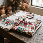 Blusa y mantel bordados a mano de La Perla