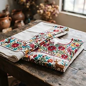 Blusa y mantel bordados a mano de La Perla
