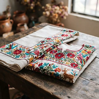 Blusa y mantel bordados a mano de La Perla