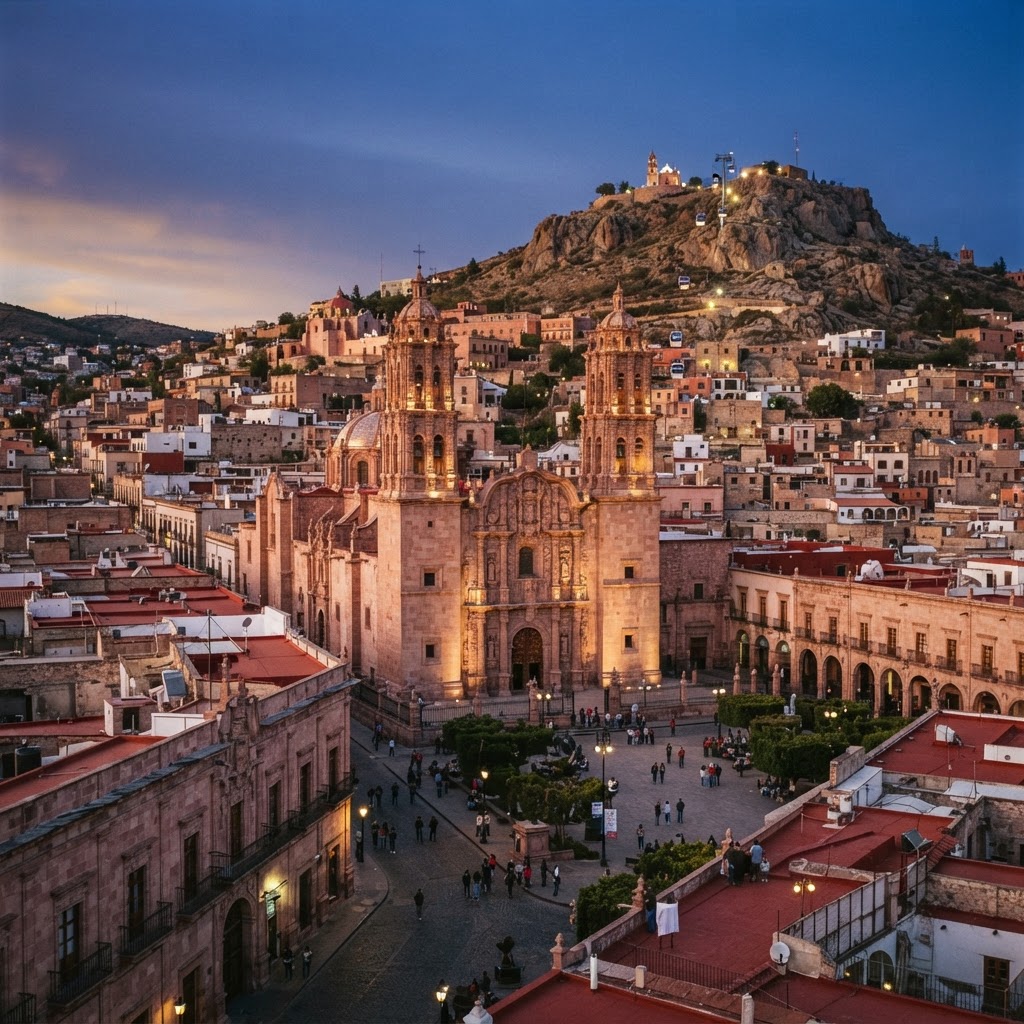 Catedral de cantera y Cerro de la Bufa en el Centro Histórico de Zacatecas al atardecer