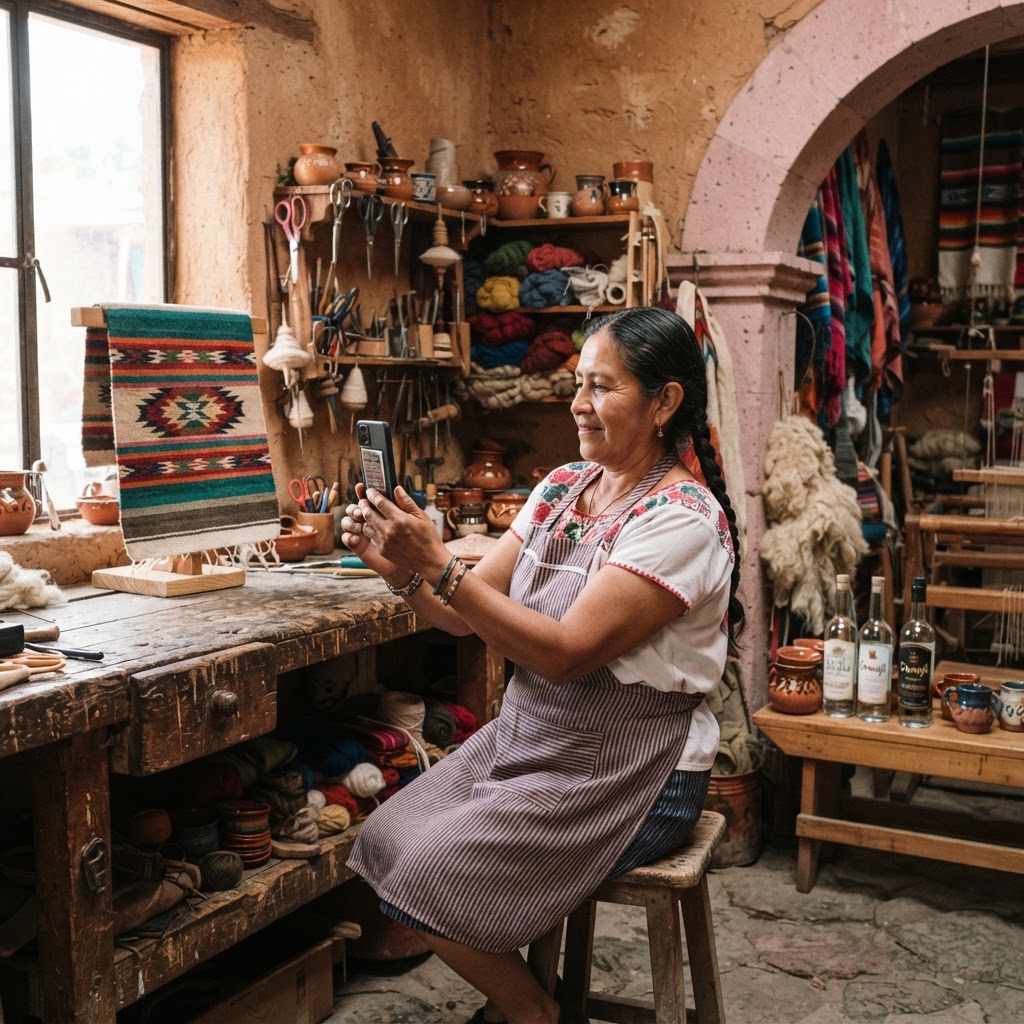 Artesano zacatecano fotografiando un textil de lana con su teléfono