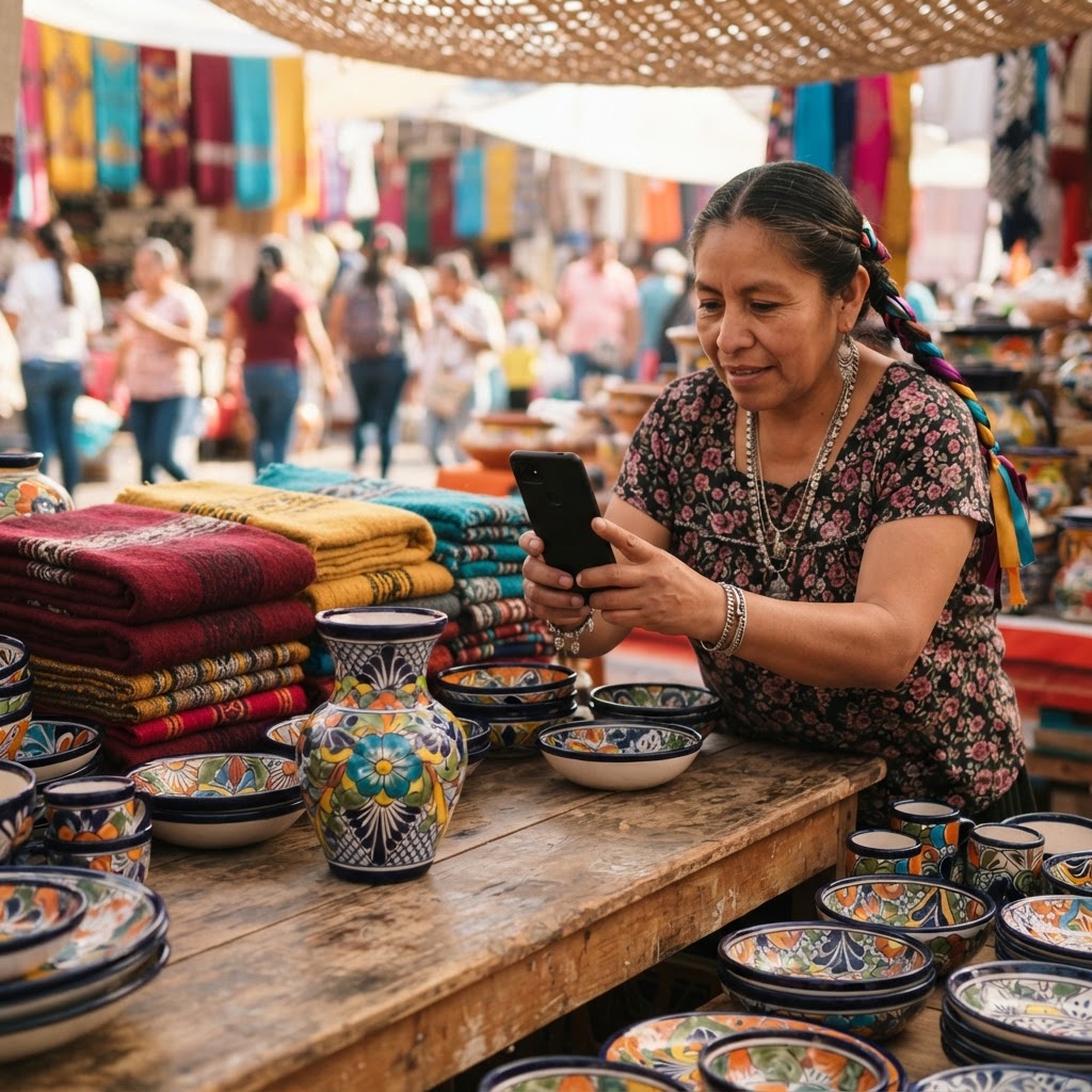 Comerciante de Tlaxcala fotografiando sus productos con su teléfono