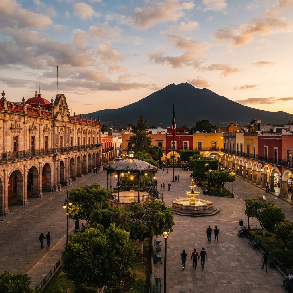 Vista de la Plaza de la Constitución y el Palacio de Gobierno de Tlaxcala al atardecer