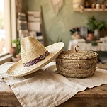 Sombrero y cesta de palma tejidos a mano