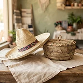 Sombrero y cesta de palma tejidos a mano