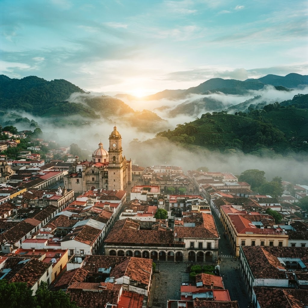 Neblina sobre los cerros cafetaleros y los tejados de Xalapa y Coatepec al amanecer