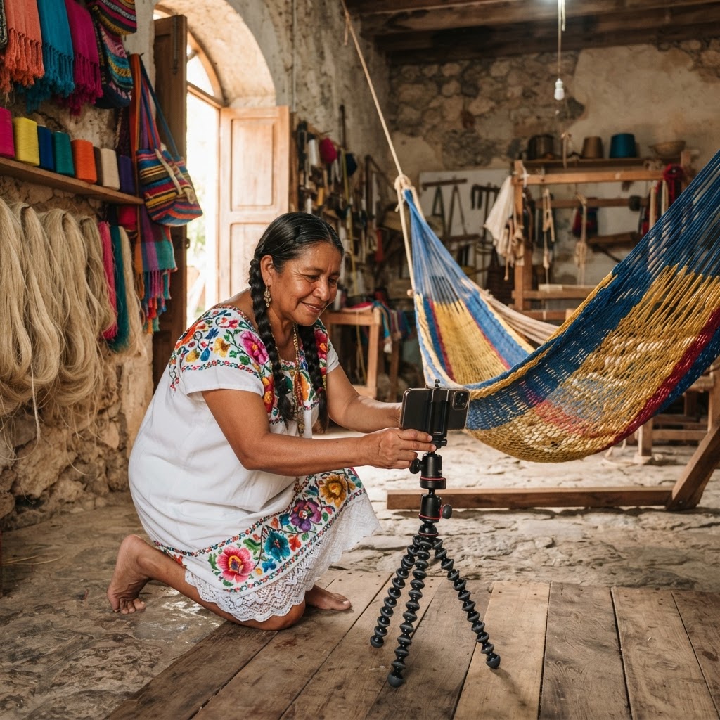 Artesana yucateca fotografiando su hamaca para publicarla con inteligencia artificial