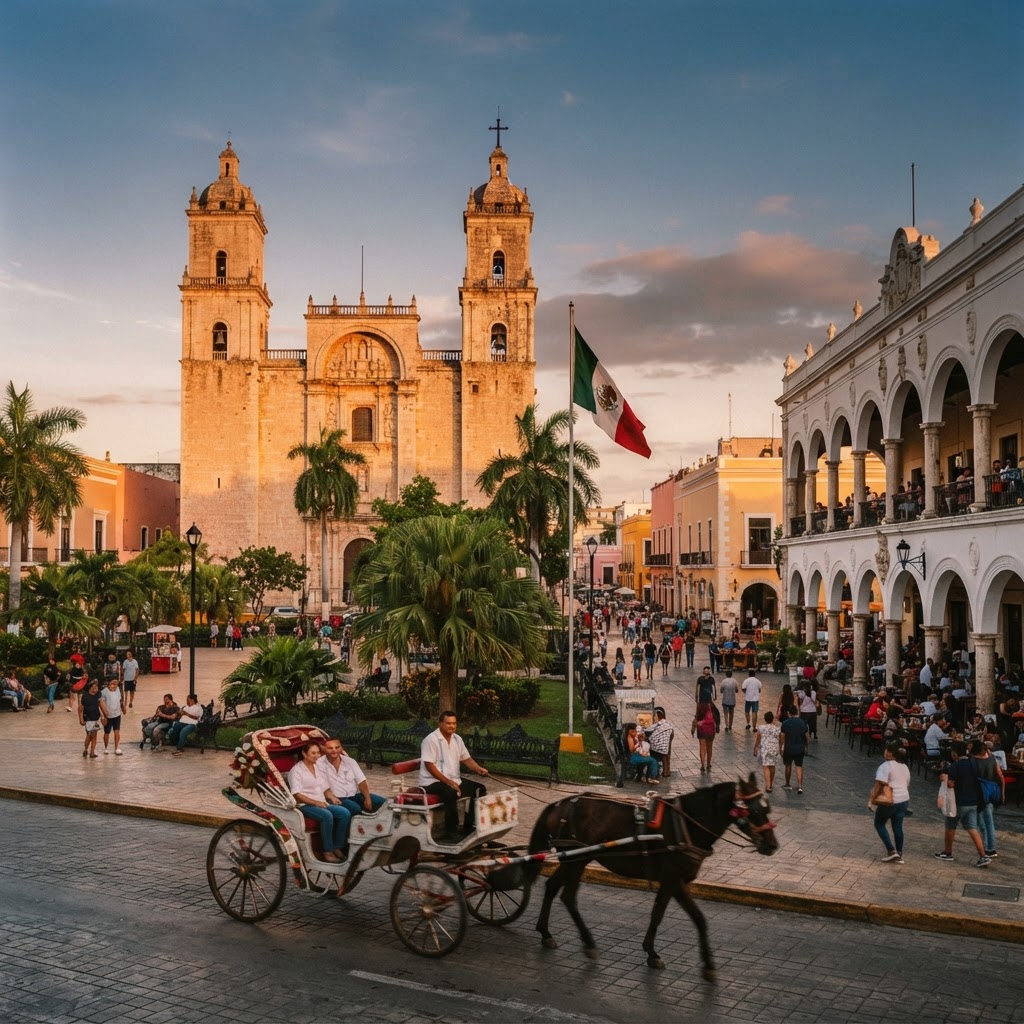 Catedral de San Ildefonso y portales del Centro Histórico de Mérida al atardecer