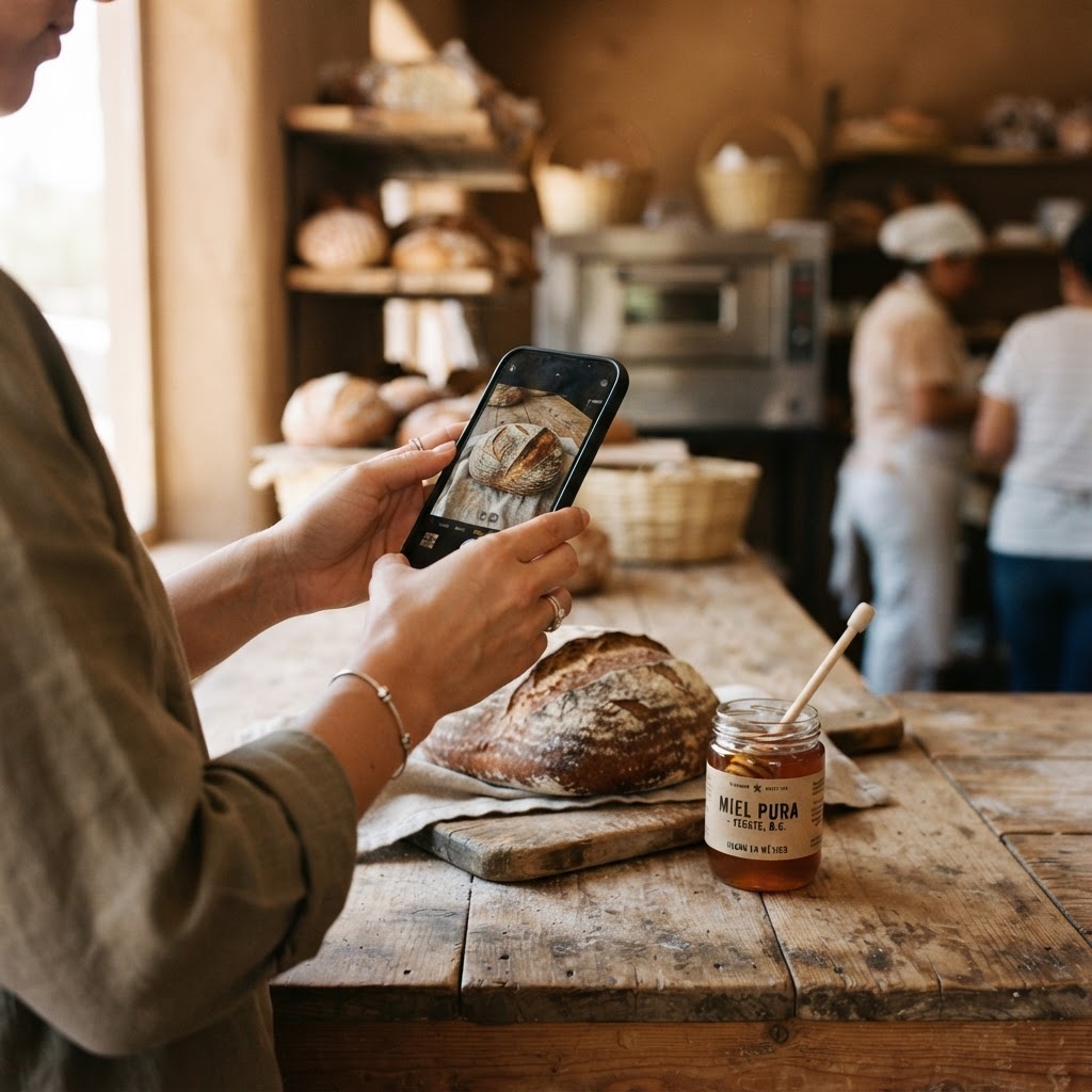 Panadero de Tecate fotografiando un pan recién horneado y un frasco de miel con su teléfono