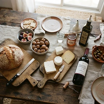 Tabla de quesos, aceite de oliva y miel del valle