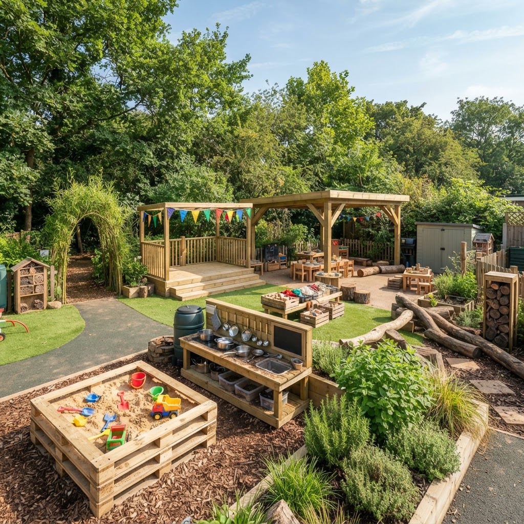 An organised outdoor learning area with a sand pit, mud kitchen and canopy shelter