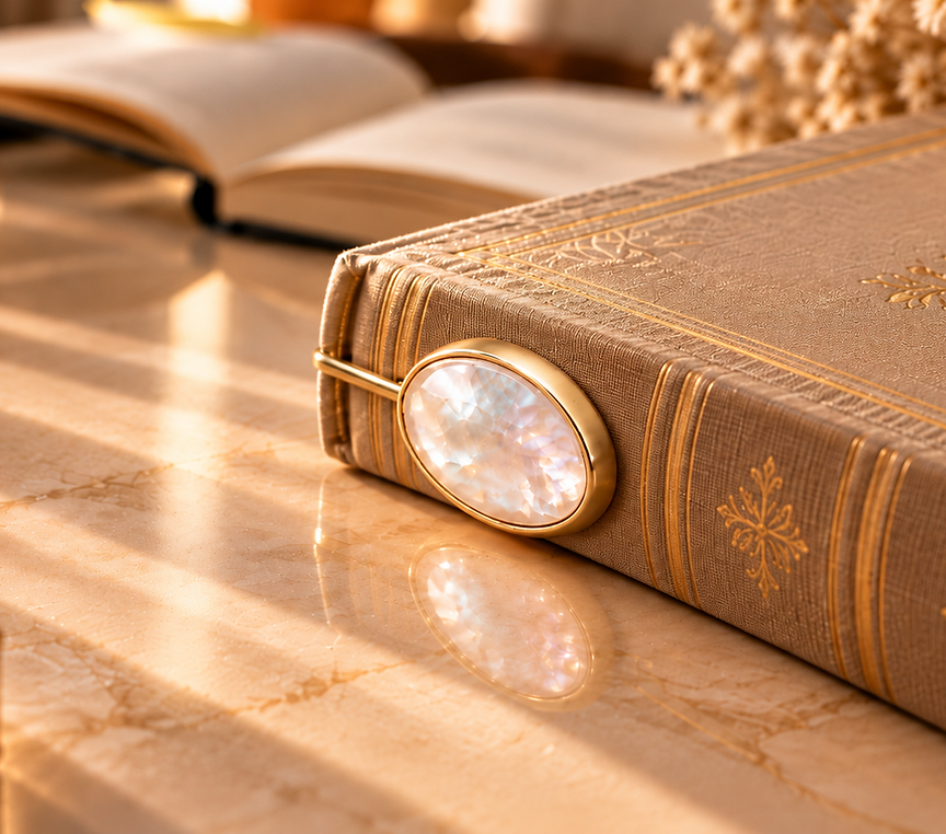 Marcador Pergamin em metal dourado escovado com quartzo rosa, sobre um livro aberto em ambiente de papelaria de luxo