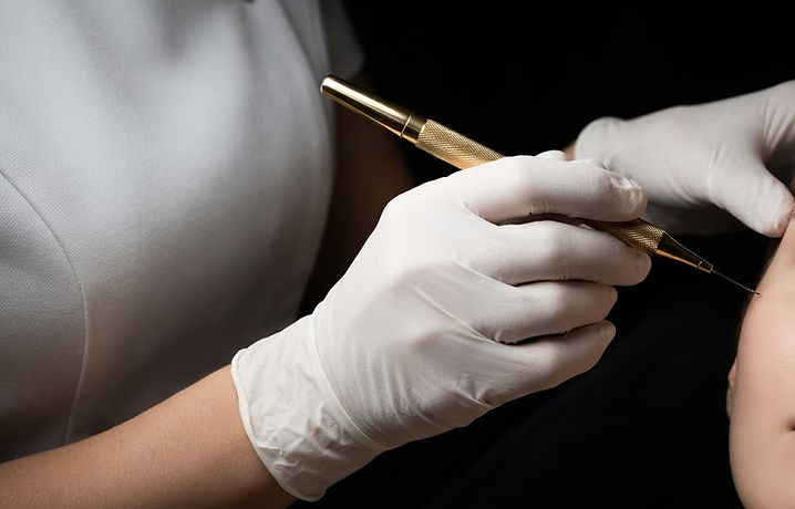 Aesthetic practitioner's gloved hand holding a gold-trimmed precision instrument