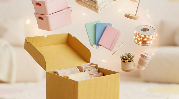 A dorm starter kit's contents floating above an open box